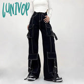 Lunivop Women’s Line Decoration Design Multiple Pockets Pants Neutral Style Jeans Vintage